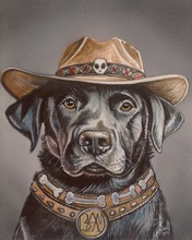 Load image into Gallery viewer, Limited edition Western-themed art print titled 'BAM' by artist Ian Russell, featuring a black Labrador Retriever wearing a cowboy hat with a skull emblem and a bone-studded leather collar. Originally created with watercolor and an airbrushed background, available as a Giclée print or tile reproduction in multiple sizes