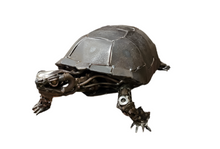 Load image into Gallery viewer, "Desert Tortoise metal sculpture by David Groenjes displayed in a modern interior, exemplifying Southwestern art and rustic decor."