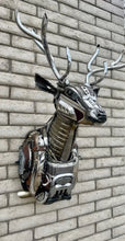 Load image into Gallery viewer, Side view of Buck De Lux, a metal deer head wall sculpture blending steampunk, hunting, and industrial aesthetics