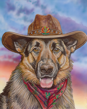 Load image into Gallery viewer, Limited edition German Shepherd art print titled 'Ruff Rider' by artist Ian Russell, featuring a Western-themed dog portrait with a cowboy hat and bandana. Originally created with watercolor and an airbrushed background, available as a Giclée print or tile reproduction in multiple sizes