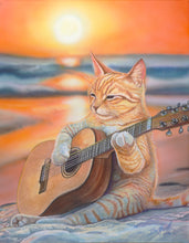 Load image into Gallery viewer, Ballad of the Evening Tide watercolor by Ian Russell featuring an orange tabby cat playing an acoustic guitar on a beach at sunset.