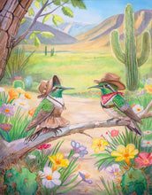 Load image into Gallery viewer, Original Western watercolor by Ian Russell featuring two hummingbirds in cowboy hats surrounded by desert blooms and saguaros under an Arizona sky.