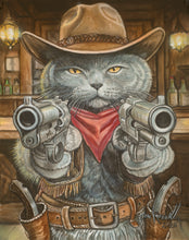 Load image into Gallery viewer, Whimsical watercolor painting of a gray cowboy cat holding four revolvers while standing inside an Old West saloon. The cat wears a tan cowboy hat, red bandana, leather gun belt, and holsters, with glowing amber eyes and a stern expression. Warm lantern lighting and rustic saloon details create a dramatic Western atmosphere in Ian Russell’s playful art style.