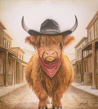 Load image into Gallery viewer, Harry the High Plains Grazer watercolor painting by Ian Russell featuring a shaggy Highland cow wearing a black cowboy hat and red bandana standing in an Old West street.