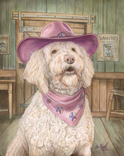 Load image into Gallery viewer, Whimsical watercolor painting of a fluffy cream-colored dog dressed as a cowgirl, wearing a pink cowboy hat and matching bandana with Texas star designs, sitting inside a rustic Old West saloon. The background features wooden walls, a swinging saloon door, stools, and humorous “Wanted” posters, all painted in Ian Russell’s playful Western art style.
