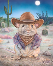 Load image into Gallery viewer, Whimsical watercolor painting of a small desert mouse dressed as a cowboy, wearing a brown cowboy hat, flannel shirt, and bandana while standing in a moonlit Southwestern desert landscape with saguaros, cactus, and desert brush. The artwork features soft nighttime tones and Ian Russell’s playful Western style