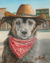 Load image into Gallery viewer, Original watercolor painting by Ian Russell featuring an older ranch dog wearing a cowboy hat and red bandana standing in a western town setting.