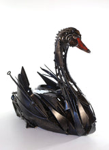 Load image into Gallery viewer, Hand-forged 32” reclaimed-metal swan sculpture by David Groenjes. Elegant wildlife art crafted from gears, springs, and salvaged steel. One-of-a-kind original