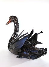 Load image into Gallery viewer, Hand-forged 32” reclaimed-metal swan sculpture by David Groenjes. Elegant wildlife art crafted from gears, springs, and salvaged steel. One-of-a-kind original