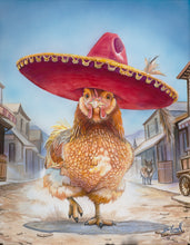 Load image into Gallery viewer, Original Western watercolor by Ian Russell featuring Señorita Cluck — a character-filled hen painted with humor, charm, and Southwestern flair.