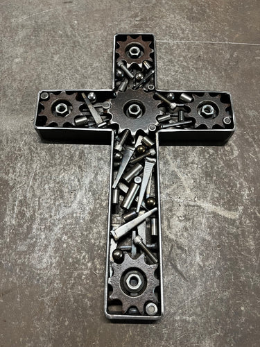 Hand-forged 13” Stempunk Cross by metal artist David Groenjes. Made from reclaimed steel. Rustic industrial Christian wall art, one-of-a-kind original.