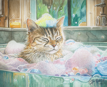 Load image into Gallery viewer, “Whimsical watercolor painting of a relaxed cat soaking in a bubble bath, eyes closed in peaceful contentment, by artist Ian Russell”