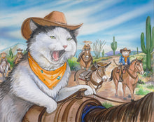 Load image into Gallery viewer, Watercolor painting titled Team Rescue by Ian Russell showing a large cowboy cat riding a horse with an animal rescue posse behind him in a Southwestern desert setting with saguaros and mountains.