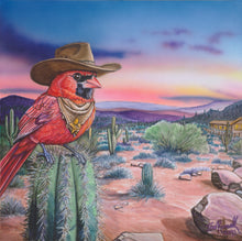 Load image into Gallery viewer, Watercolor painting titled The Lookout by Ian Russell showing a red cardinal in a cowboy hat and bandana perched on a cactus overlooking an Arizona desert landscape at sunset.