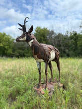 Load image into Gallery viewer, &quot;All Jacked Up&quot; reclaimed metal sculpture by David Groenjes, 69-inch tall pronghorn antelope made from salvaged steel and welded industrial parts, wildlife artwork.
