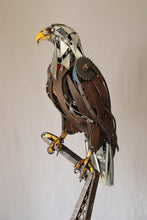 Load image into Gallery viewer, &quot;Made in America&quot; reclaimed metal sculpture by David Groenjes, 70-inch tall eagle made from salvaged steel, gears, and welded industrial parts, patriotic wildlife artwork.