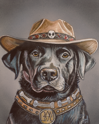 Watercolor and airbrushed painting of a black lab wearing a cowboy hat and bone-studded collar by artist Ian Russell