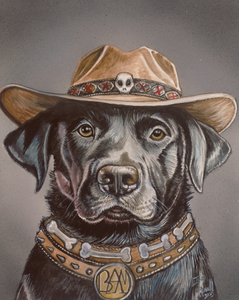 Watercolor and airbrushed painting of a black lab wearing a cowboy hat and bone-studded collar by artist Ian Russell