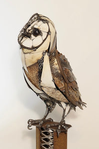 Barnstormer reclaimed metal barn owl sculpture by David Groenjes, 26-inch steel artwork handcrafted from salvaged materials, contemporary wildlife art.