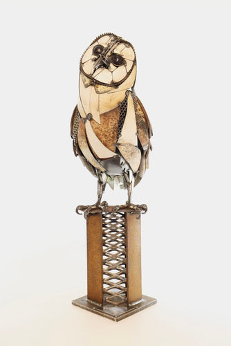 Barnstormer reclaimed metal barn owl sculpture by David Groenjes, 26-inch steel artwork handcrafted from salvaged materials, contemporary wildlife art.