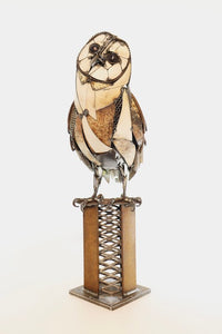 Barnstormer reclaimed metal barn owl sculpture by David Groenjes, 26-inch steel artwork handcrafted from salvaged materials, contemporary wildlife art.
