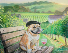 Load image into Gallery viewer, Cabernet Casanova&quot; watercolor and airbrush painting by Ian Russell featuring a bulldog in a black beret sitting on a vineyard bench with a glass of red wine, whimsical dog and wine art print