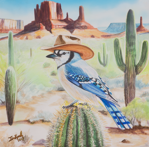 Watercolor and airbrushed painting of a blue jay wearing a cowboy hat perched on a cactus in a desert landscape by artist Ian Russell