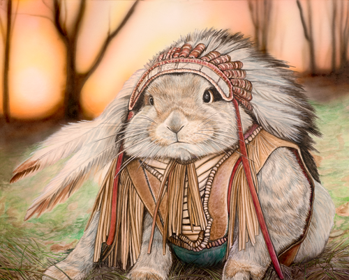 Watercolor and airbrushed painting of a rabbit wearing a feathered headdress and traditional regalia at sunset by artist Ian Russell