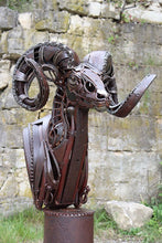 Load image into Gallery viewer, &quot;Cliffhanger&quot; reclaimed metal sculpture by David Groenjes, 69-inch tall bighorn sheep with coiled horns, crafted from salvaged steel and welded industrial parts.