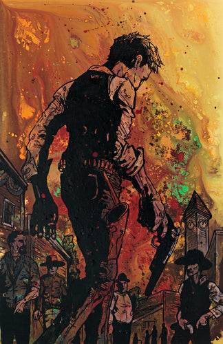 “Western gunslinger walking through a tense town square after a duel, painted by Cody Kuehl in cinematic comic book style with vivid marbled orange background – titled ‘After the Church Bell Rings,’ 18x30 inches.”