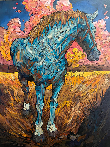 “Colorful abstract horse painting titled ‘Bubble Boy’ by Cody Kuehl, featuring a vibrant blue horse in a golden field under a dramatic pink cloud sky – 40x60 inch contemporary Western artwork.”