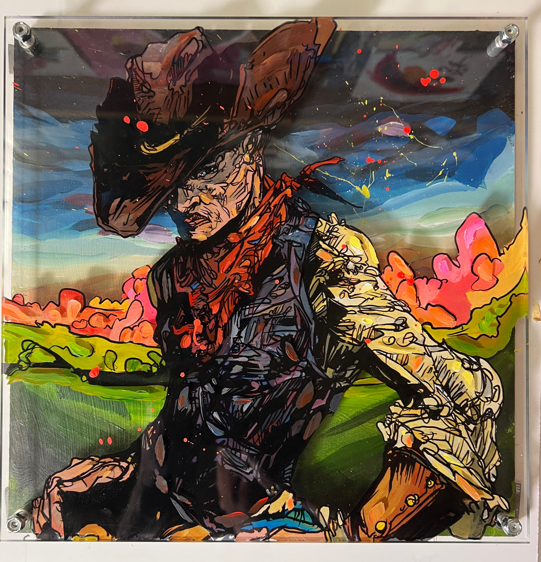 “Stylized cowboy with downcast expression, painted in vibrant layered colors against a surreal sky – ‘Devastated’ by Cody Kuehl, 12x12 inch original Western artwork on plexiglass.”