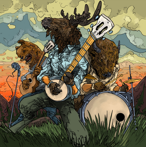 “Anthropomorphic animal bluegrass band with moose, bear, and bison playing banjo, guitar, and drums against a sunset mountain backdrop – ‘Grass Roots’ by Cody Kuehl, 24x24 inch Western surrealist painting.”
