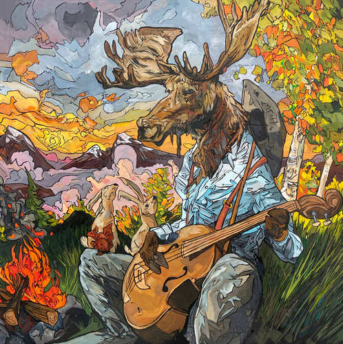 “Anthropomorphic moose playing cello by a campfire at sunset with rabbits and squirrels in a mountain forest – ‘High Country Ramble’ by Cody Kuehl, 24x30 inch Western surrealist animal painting.”