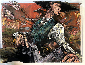 “Dramatic Western scene of a cowboy struck by arrows, surrounded by chaos and gunfire – ‘His Heart Was in the Right Place’ by Cody Kuehl, 24x30 layered plexiglass painting.”