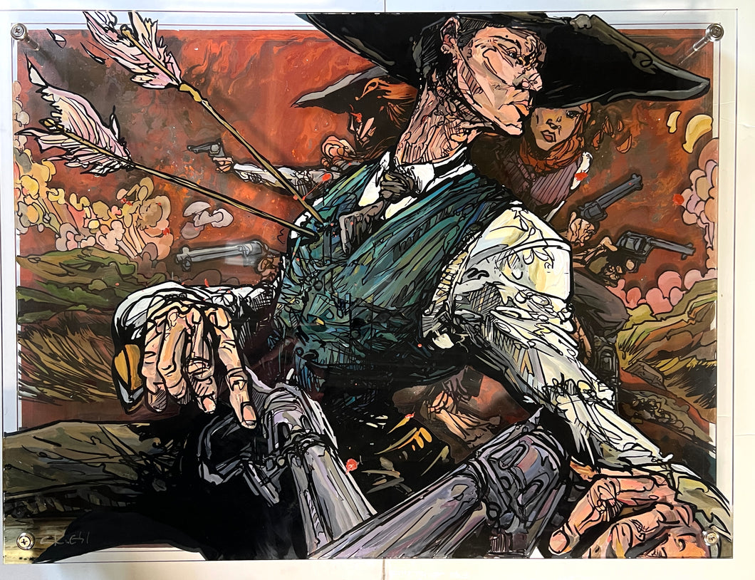 “Dramatic Western scene of a cowboy struck by arrows, surrounded by chaos and gunfire – ‘His Heart Was in the Right Place’ by Cody Kuehl, 24x30 layered plexiglass painting.”