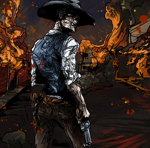 “Stylized Western gunslinger in a burning town turning back with a revolver in hand – ‘I Want You to Know This Thing I’m Feeling’ by Cody Kuehl, 20x20 inch dramatic Western comic-style artwork.”