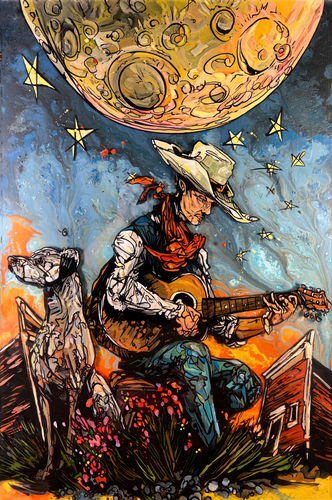 “Surreal Western painting of a cowboy playing guitar beside a dog under a giant glowing moon and swirling stars – ‘Moon Dog #2’ by Cody Kuehl, 20x30 inch pop surrealism cowboy art.”