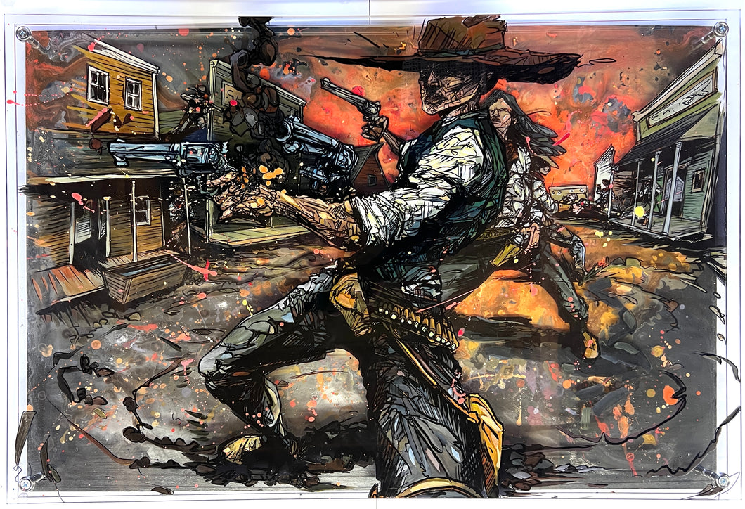 Western gunslinger pinned down in a dramatic shootout amid a burning frontier town, in Cody Kuehl’s layered plexiglass painting titled “Pinned.”

