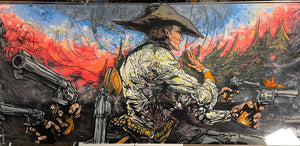 Cowboy warrior with multiple arms and revolvers battles through swirling dimensional portals in a surreal forest blaze, painted by Cody Kuehl on layered plexiglass.


