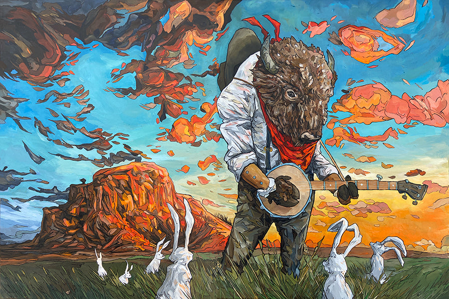 “Anthropomorphic bison playing banjo for a gathering of jackrabbits under a dramatic Western sunset sky – ‘Ramble’ by Cody Kuehl, 36x55 inch surreal frontier painting.”