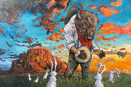 “Anthropomorphic bison playing banjo in a desert landscape surrounded by jackrabbits under a vibrant sunset sky – ‘Ramble’ by Cody Kuehl, 20x30 inch surreal Western painting.”

