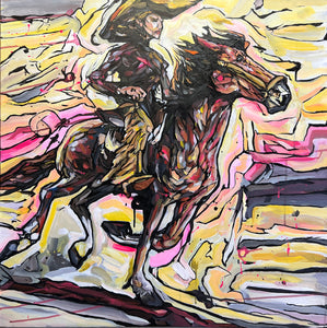 “Expressionist painting of a Western rider on horseback charging forward with vibrant streaks of pink, yellow, and black – ‘Resonance’ by Cody Kuehl, 30x30 inch contemporary Western art.”
