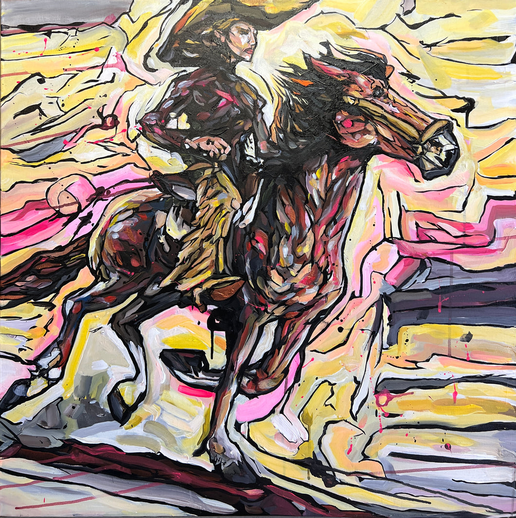 “Expressionist painting of a Western rider on horseback charging forward with vibrant streaks of pink, yellow, and black – ‘Resonance’ by Cody Kuehl, 30x30 inch contemporary Western art.”