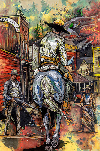 “Stylized Western painting of a cowboy on horseback entering a tense frontier town as armed figures watch – ‘Riding Into Town’ by Cody Kuehl, 24x32 inch comic-inspired Western artwork.”