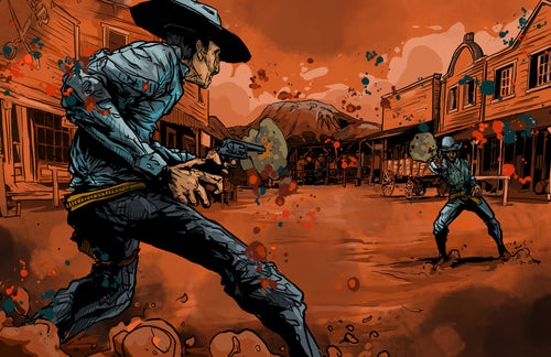 “Two cowboys in a dramatic Wild West gunfight on a dusty frontier street with bold comic-style splatter effects – ‘Run the Dice’ by Cody Kuehl, 11x17 inch narrative Western artwork.”