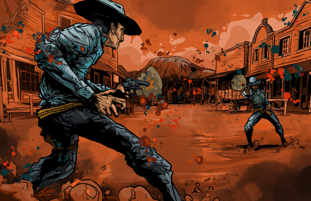 “Two cowboys in a dramatic Wild West gunfight on a dusty frontier street with bold comic-style splatter effects – ‘Run the Dice’ by Cody Kuehl, 11x17 inch narrative Western artwork.”