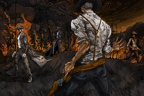 “Dramatic Western standoff in a burning forest with four armed cowboys surrounded by flames and smoke – ‘This Could Be the Hill’ by Cody Kuehl, 11x17 inch cinematic comic-style Western artwork.”