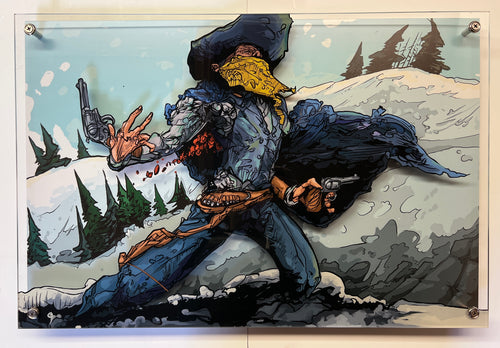 “Stylized Western gunslinger wounded in a snowy mountain shootout, mid-action with revolvers drawn – ‘This Meant So Much’ by Cody Kuehl, 11x17 inch pop surrealist cowboy artwork.”