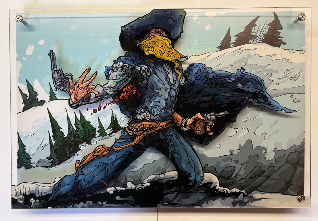 “Stylized Western gunslinger wounded in a snowy mountain shootout, mid-action with revolvers drawn – ‘This Meant So Much’ by Cody Kuehl, 11x17 inch pop surrealist cowboy artwork.”
